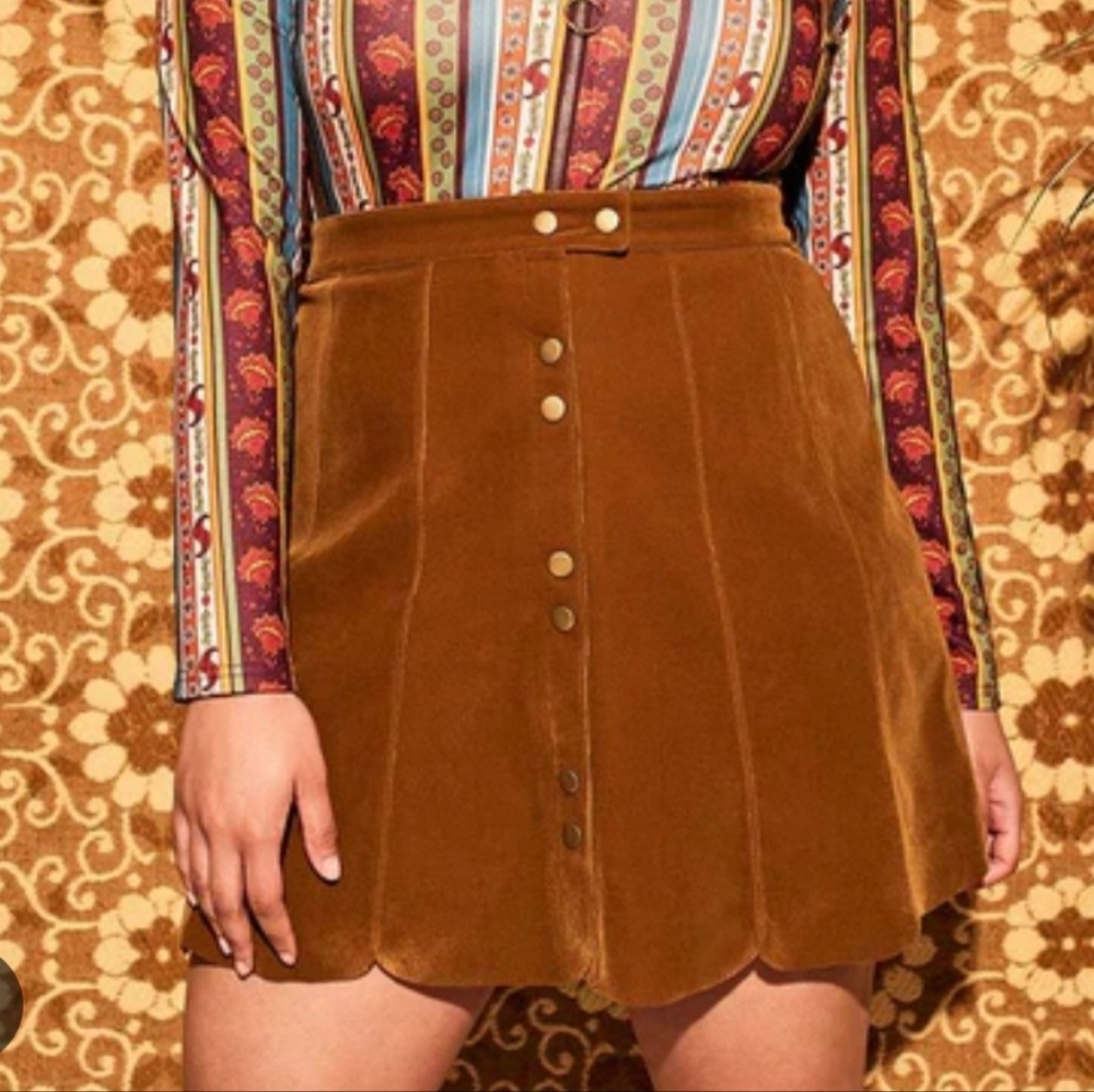 The Hippie Shake Katie Mae brown popper mini skirt, size UK10
